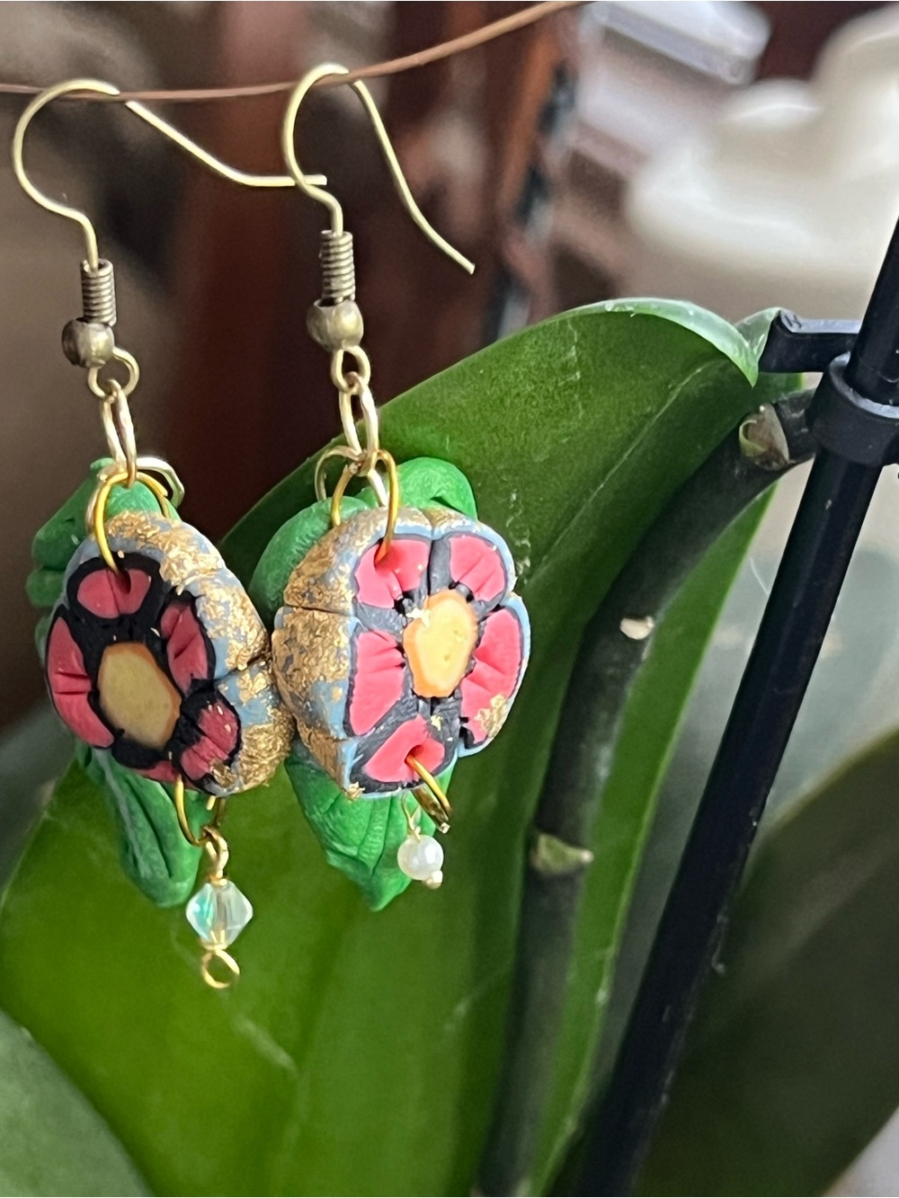 Handcrafted Polymer Clay Pink Floral Drop Earrings with Green Leaves